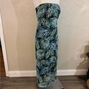 Tropical Leaf Print Strapless Maxi Dress Sz Med